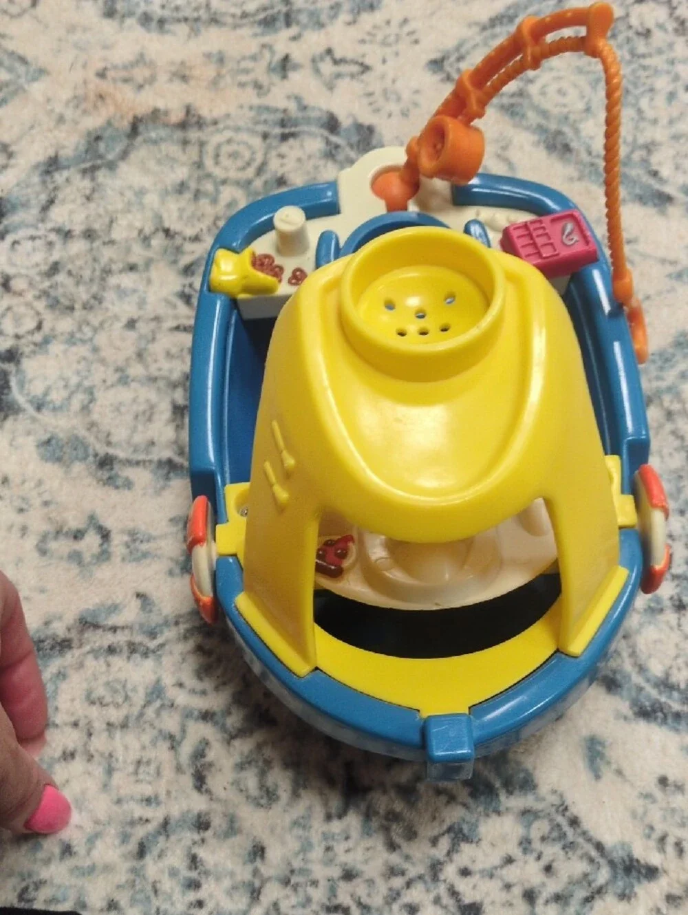 Fisher-Price Blue Toy Boat with Yellow Canopy and Orange Accessories